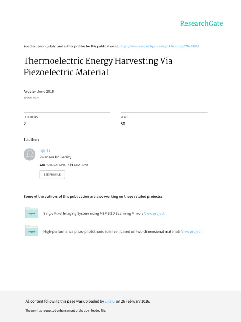Thermoelectric Energy Harvesting Via Piezoelectric | PDF | Energy ...