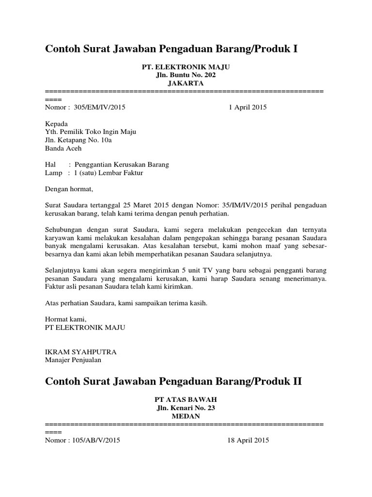 Contoh Surat Jawaban Pengaduan Barang