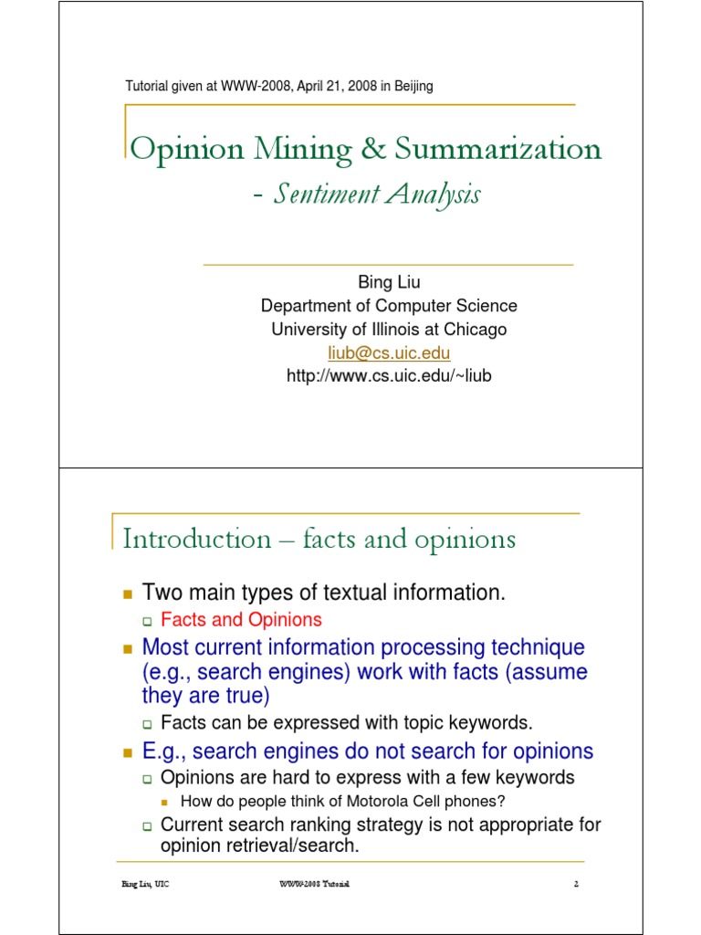 Opinion Mining and Summarization Tutorial | PDF | Statistical ...