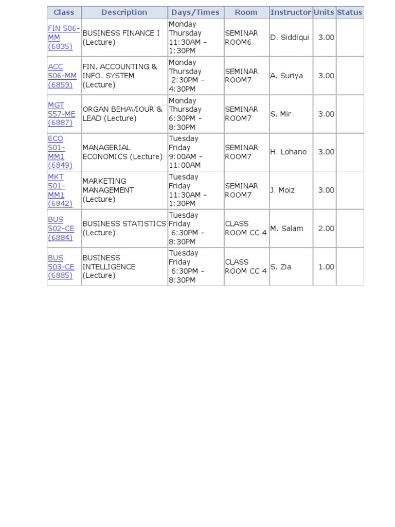 Fall Course Schedule Details of Business and Finance Classes including