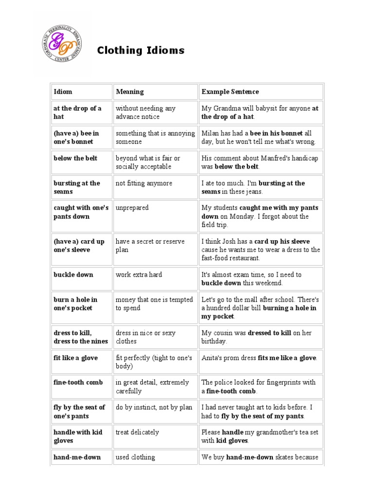 Clothing Idioms PDF Clothing Fashion