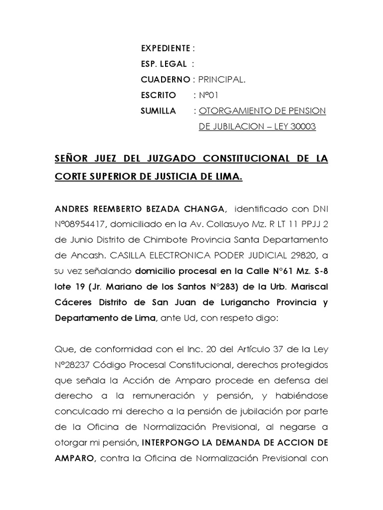 Demanda de Amparo por Pensión Ley 30003 | PDF | Constitución | Jubilación