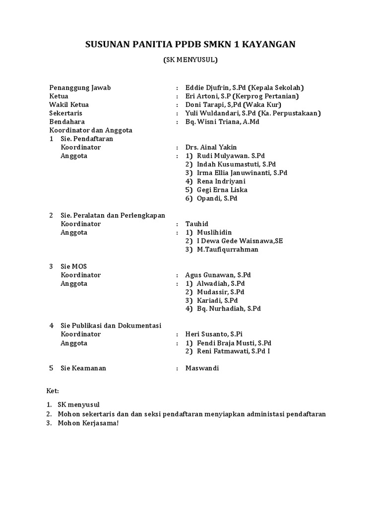 Susunan Panitia Ppdb Smkn 1 Kayangan