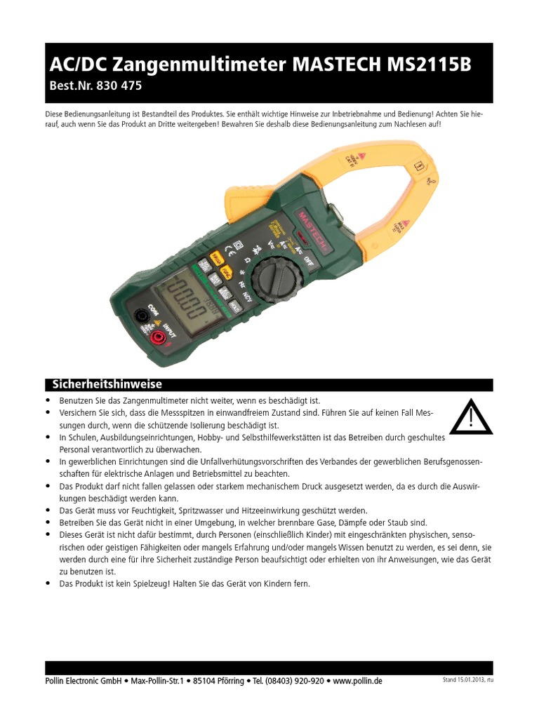 Mastech Multimeter Anleitung D830475B PDF