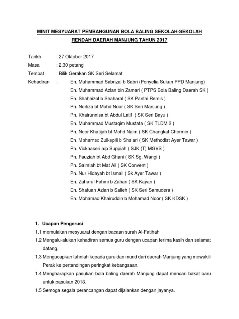 Minit Mesyuarat Pembangunan Bola Baling Sekolah 2017