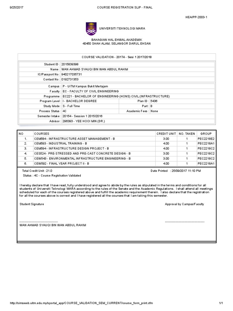 Course Registration Slip Final Pdf Academia Students