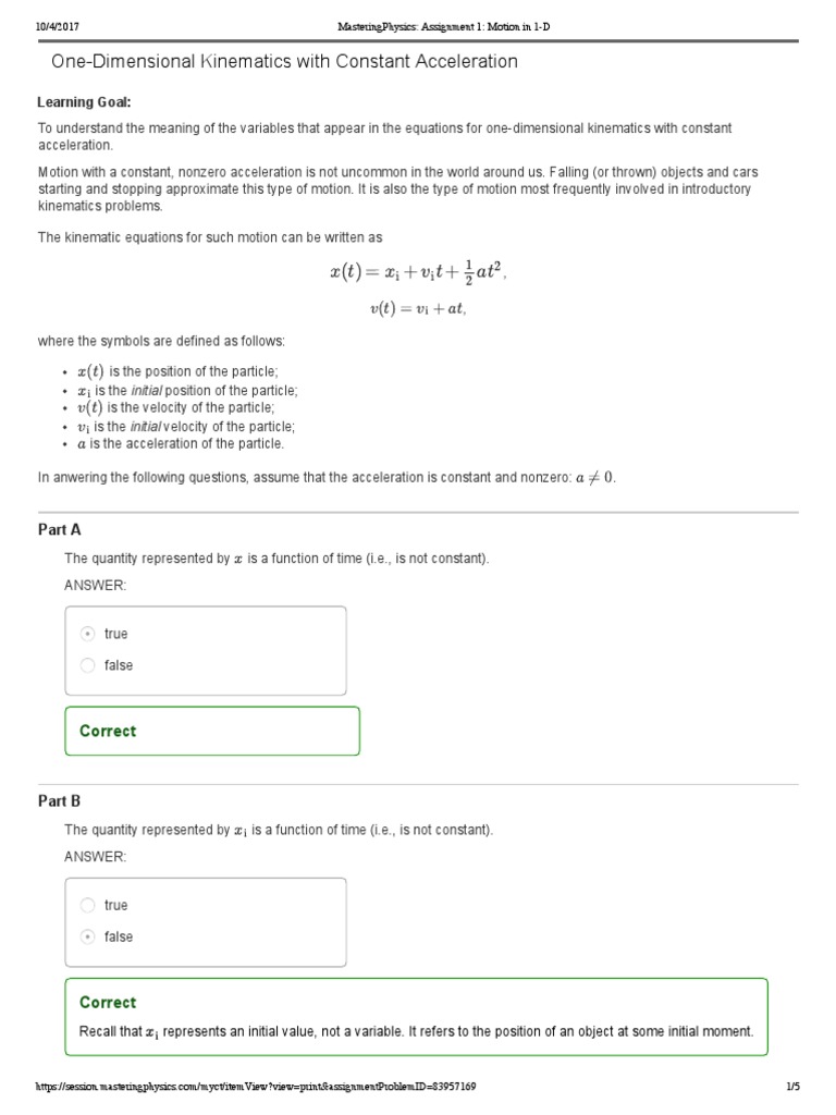 MasteringPhysics - Assignment 10 - Motion in 1-D | PDF 