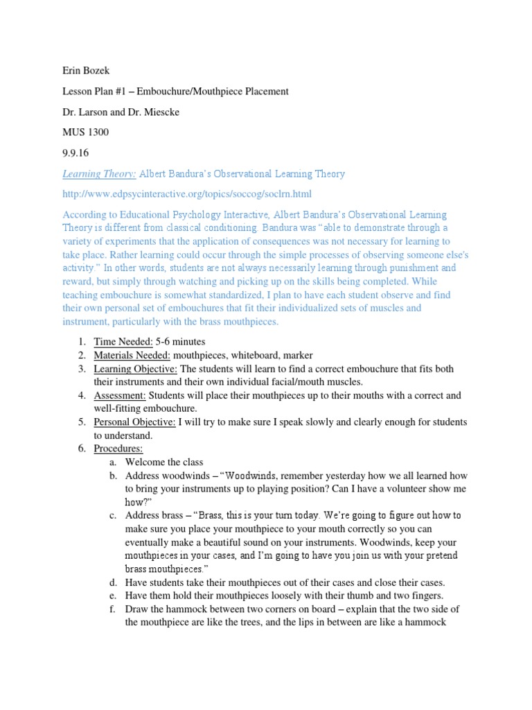 Lesson Plan 1 Embouchure PDF Learning Theory (Education) Learning