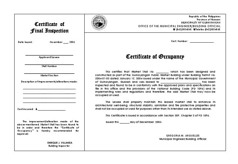 Certificate Of Occupancy