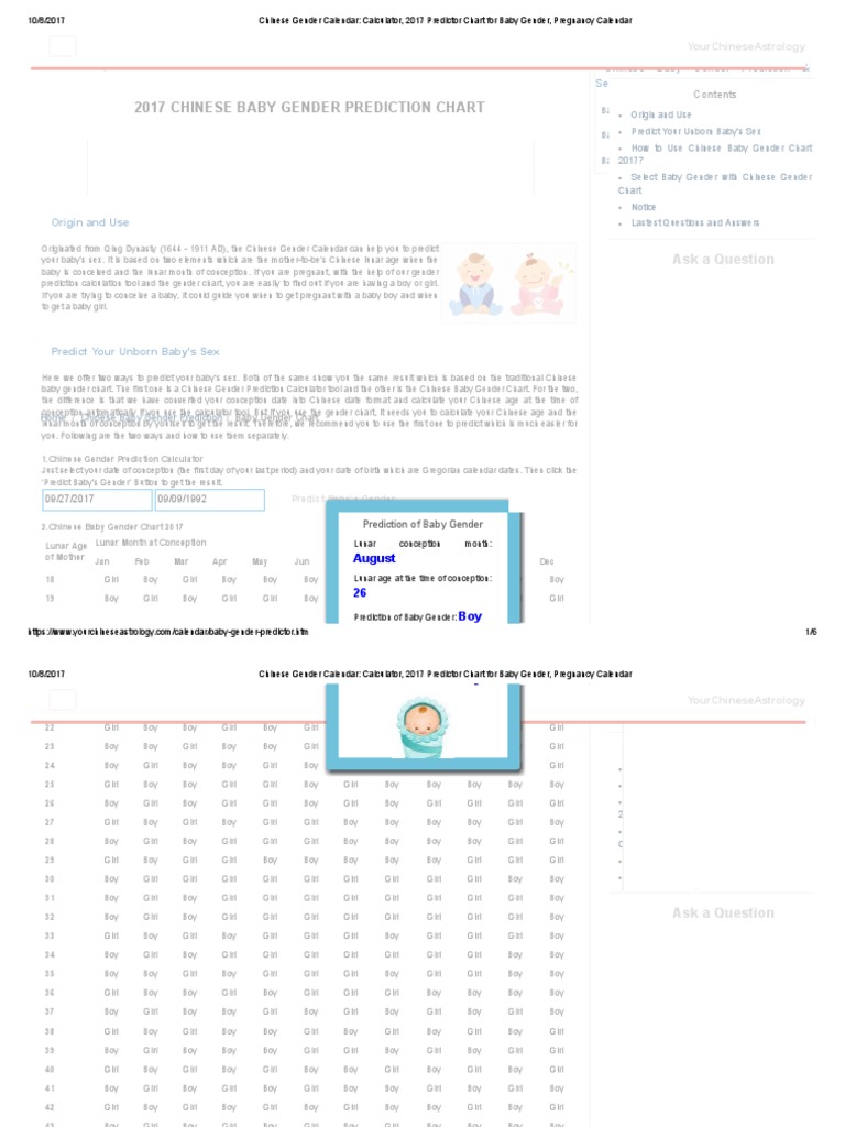 2017 Chinese Gender Prediction Calendar | PDF | Question | Pregnancy