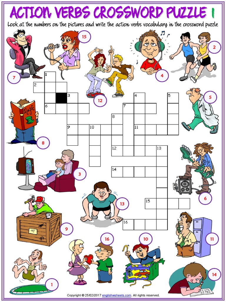 action verbs vocabulary esl crossword puzzle worksheets for kids pdf pdf leisure