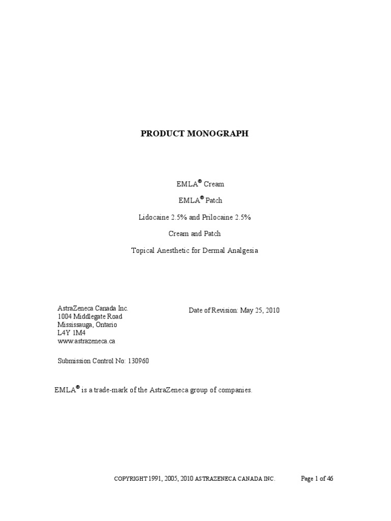 EMLA Product Monograph | PDF | Dose (Biochemistry) | Chemistry