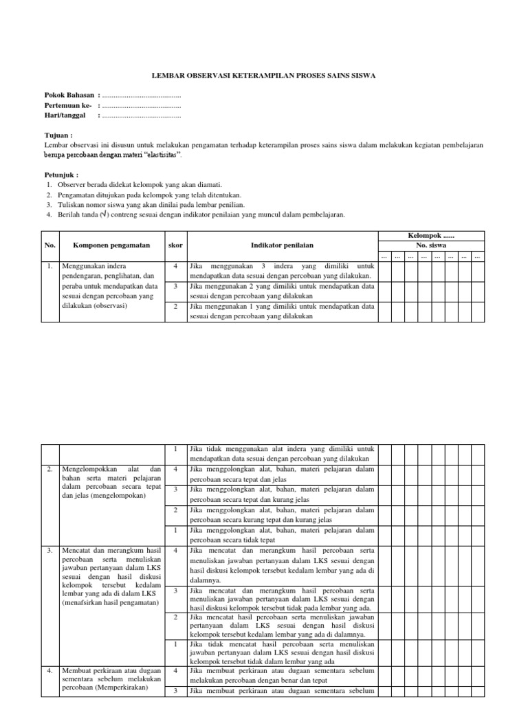 Lembar Observasi  Keterampilan Proses Sains Siswa  Lembar Observasi  Keterampilan Proses Sains Siswa