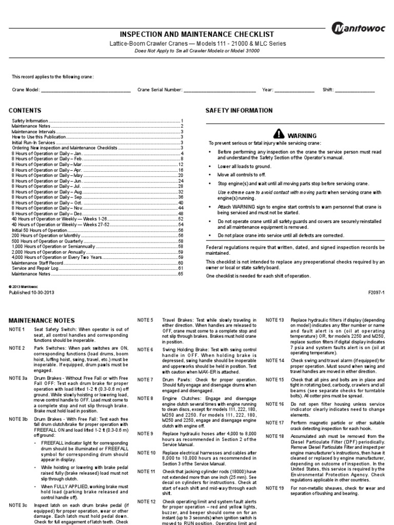 2.F2097Inspection MaintCheckList10302013 | PDF | Clutch | Crane (Machine)