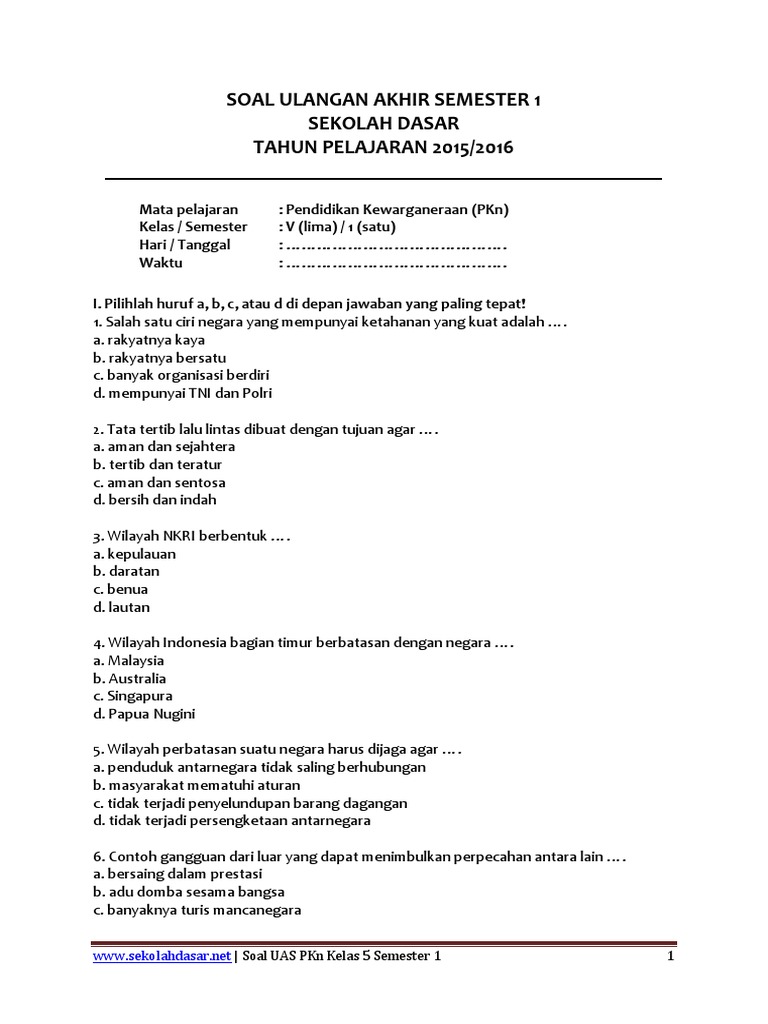 Contoh Soal Pkn Kelas 5 Semester 1 - Contoh Soal Terbaru
