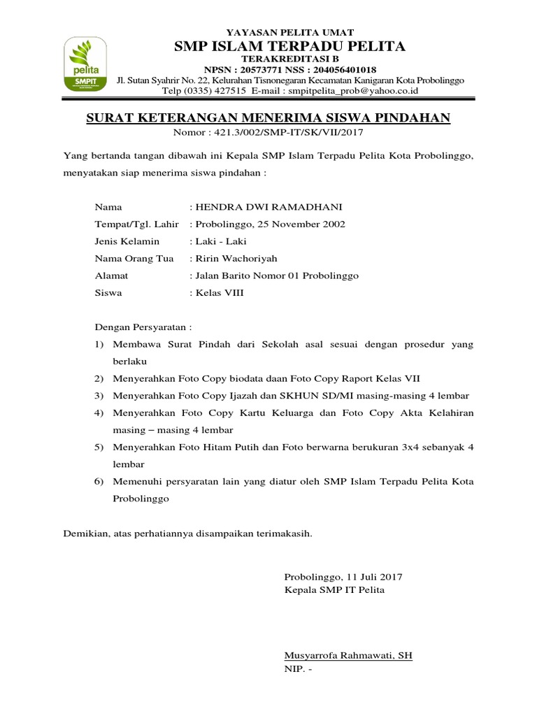 002 Surat Keterangan Menerima Siswa Dahan Hendra