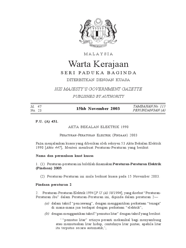 Peraturan Peraturan Elektrik Pindaan 2003 Bm Bi Pdf