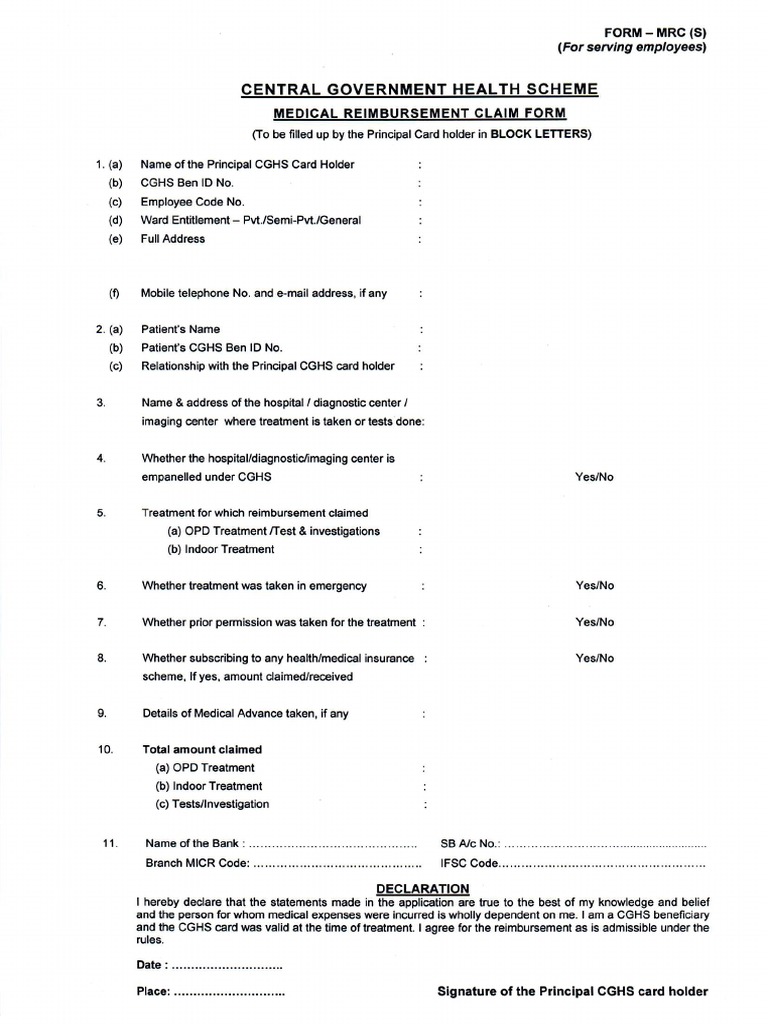 CGHS Claim Form PDF PDF