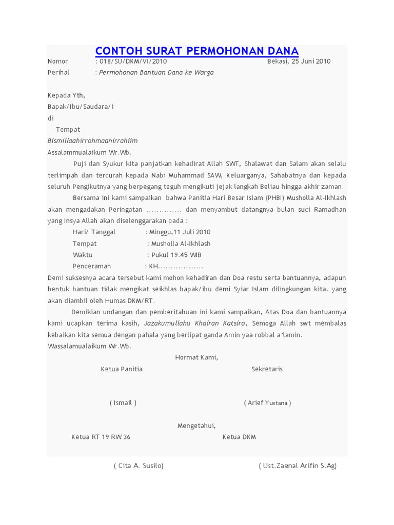 Contoh Surat Permohonan Dana