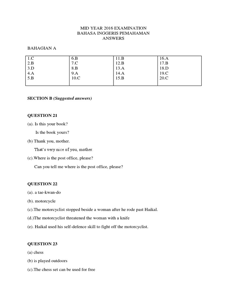 2016 Mid-Year English Exam Answers | PDF