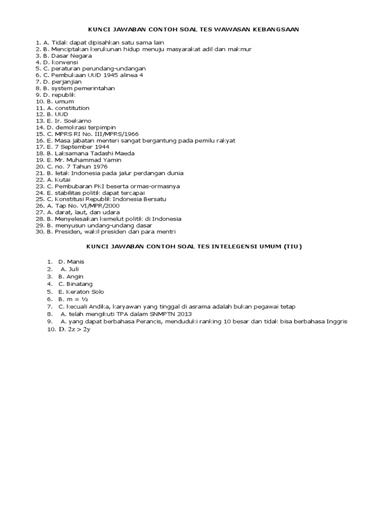 Kunci Jawaban Contoh Soal Tes Wawasan Kebangsaan Docx