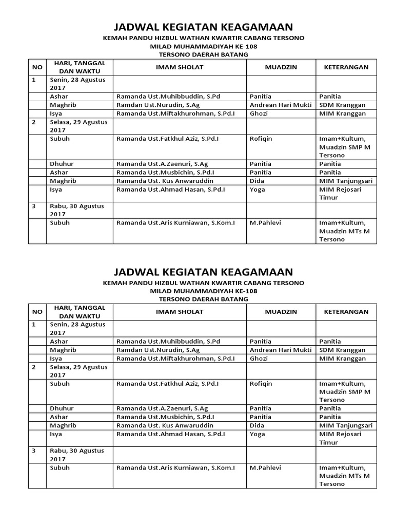 JADWAL KEGIATAN KEAGAMAAN