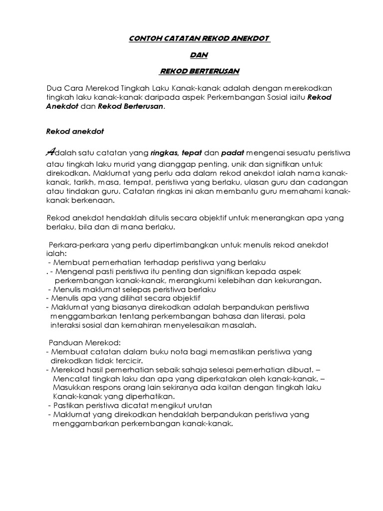 Contoh Penulisan Rekod Anekdot Dan Rekod Berterusan 