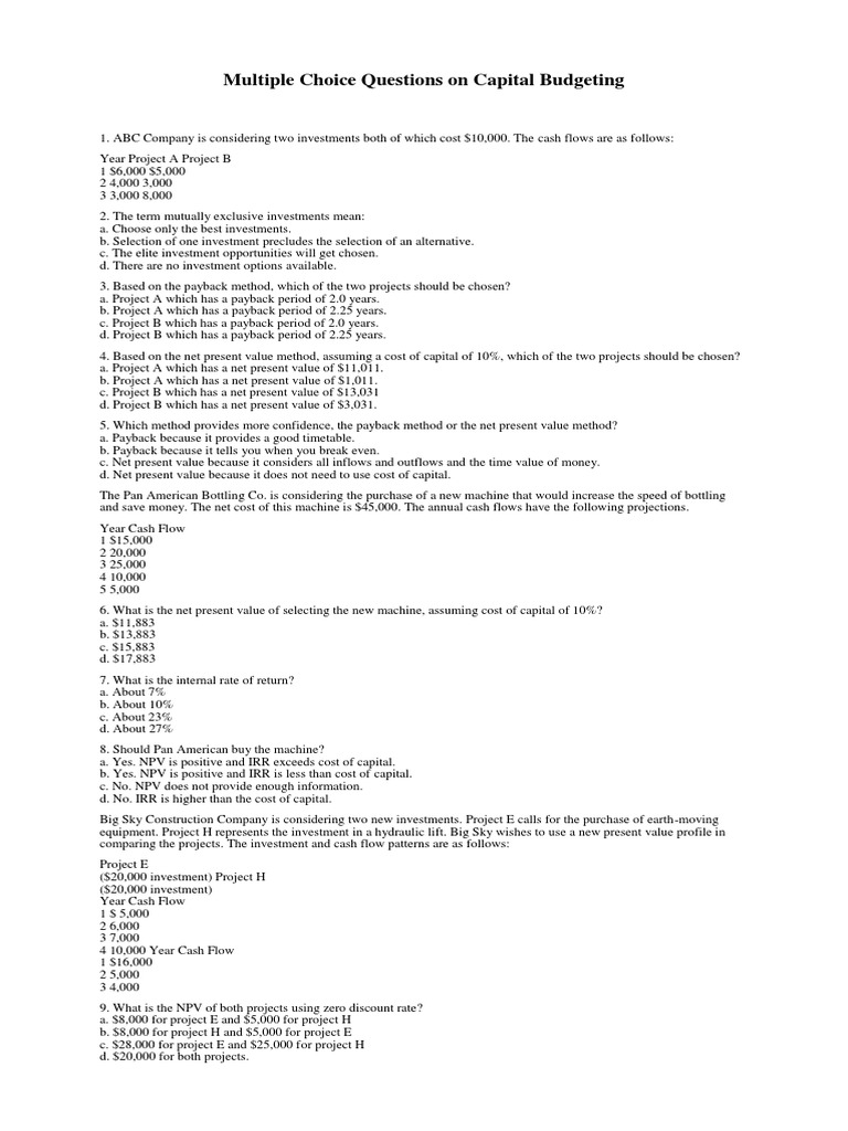 Multiple Choice Questions On Capital Budgeting Pdf Net Present