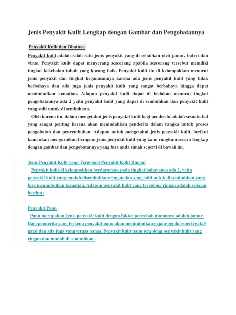 Jenis Penyakit Kulit Lengkap Dengan Gambar Dan Pengobatannya | PDF
