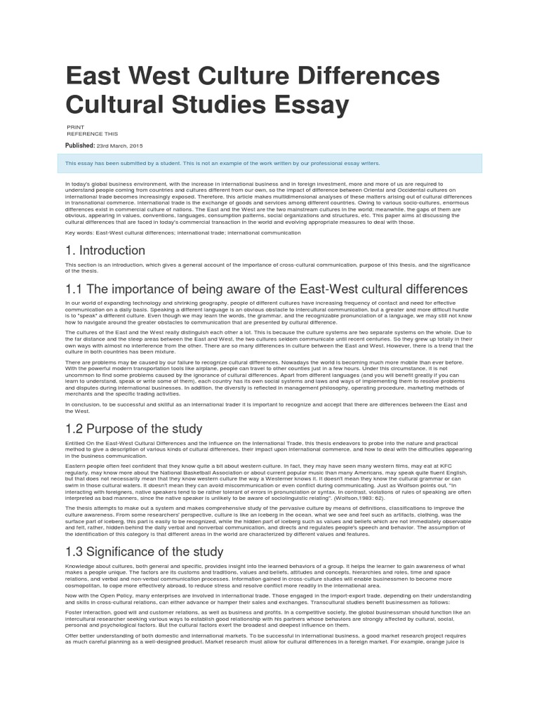 East West Culture Differences Cultural Studies Essay | PDF | Cross ...