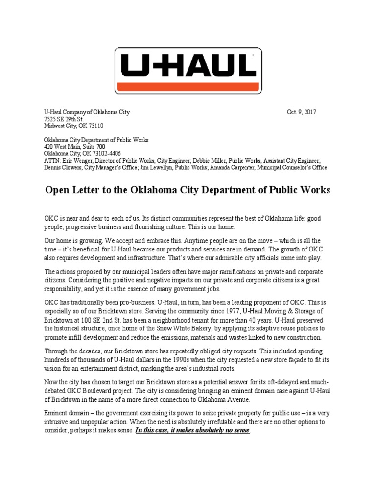 UHaul Open Letter To OKC Dept of Public Works PDF Public Works