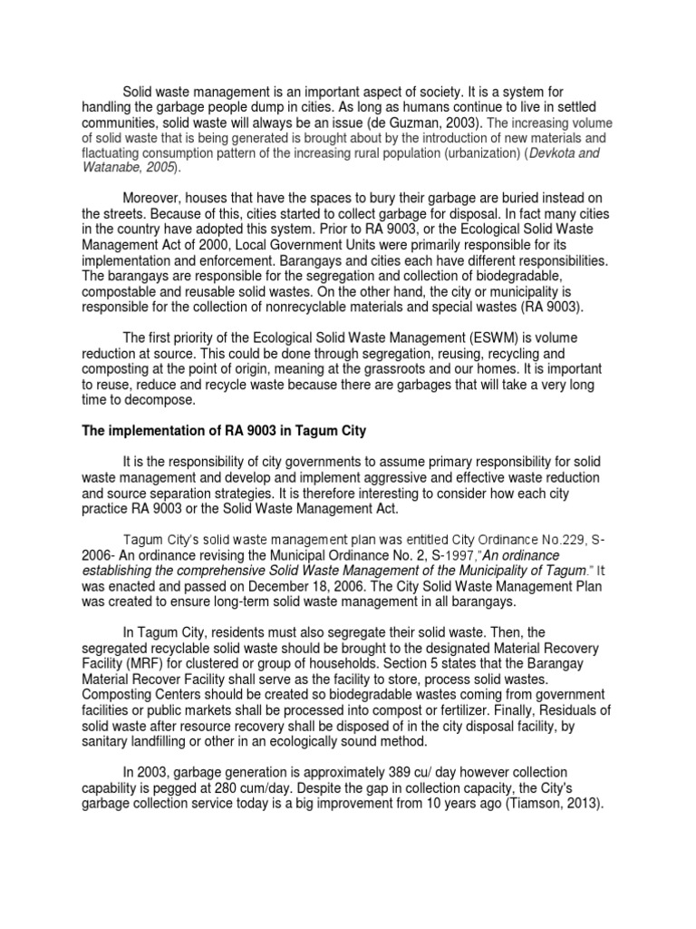 Implementing Effective Solid Waste Management Tagum City's Experience