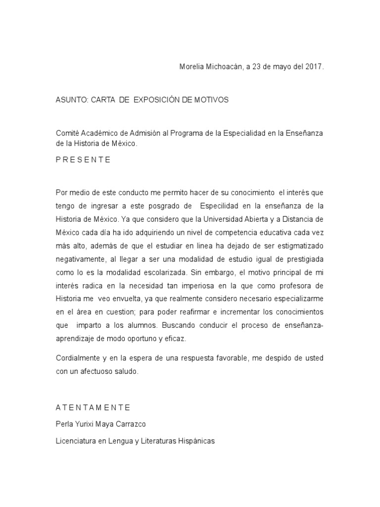 Carta de Exposicio Motivos Especialidad