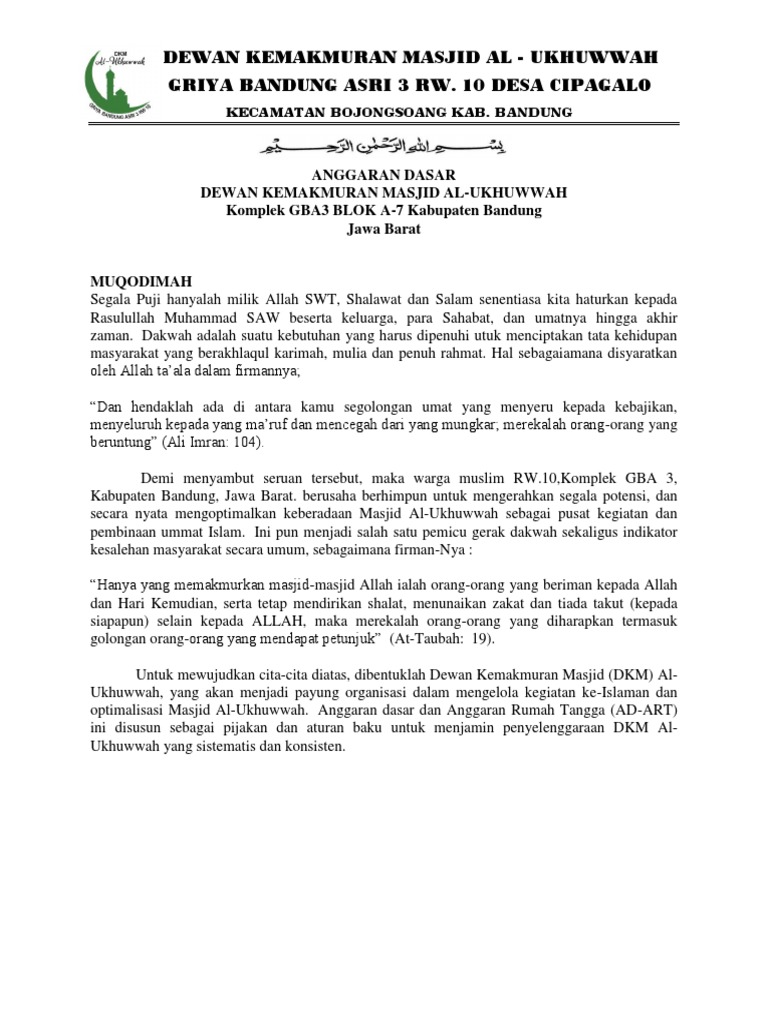 Anggaran Dasar Dan Anggaran Rumah Tangga Yayasan Masjid Info Terkait Rumah