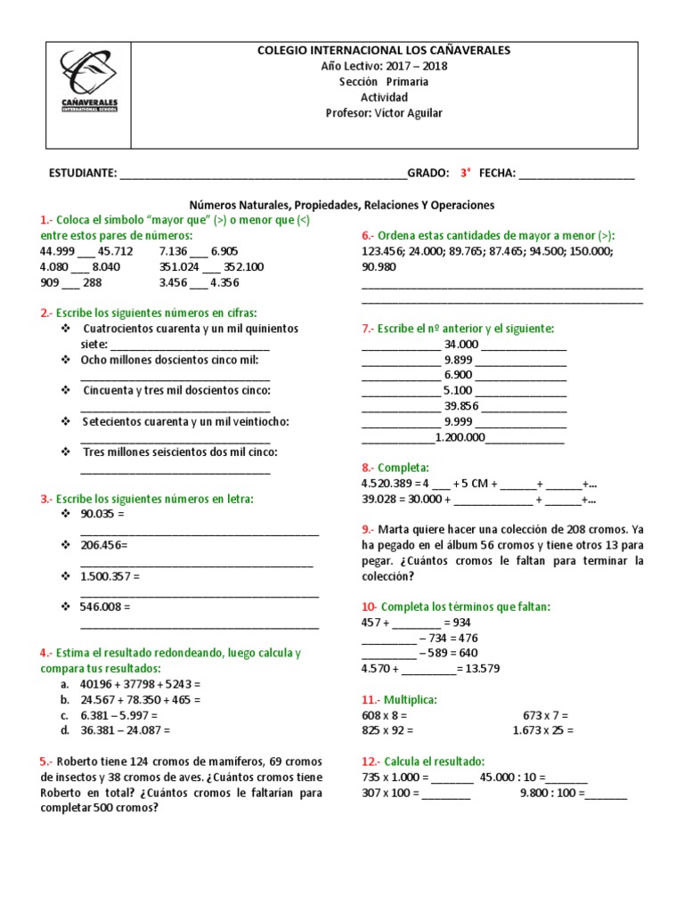 Números y operaciones Taller 3° | PDF | Conceptos matemáticos ...