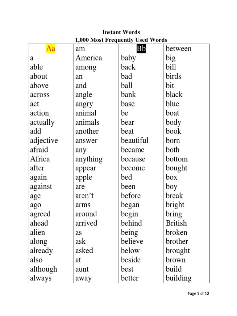 1000 Instant Words Final | PDF