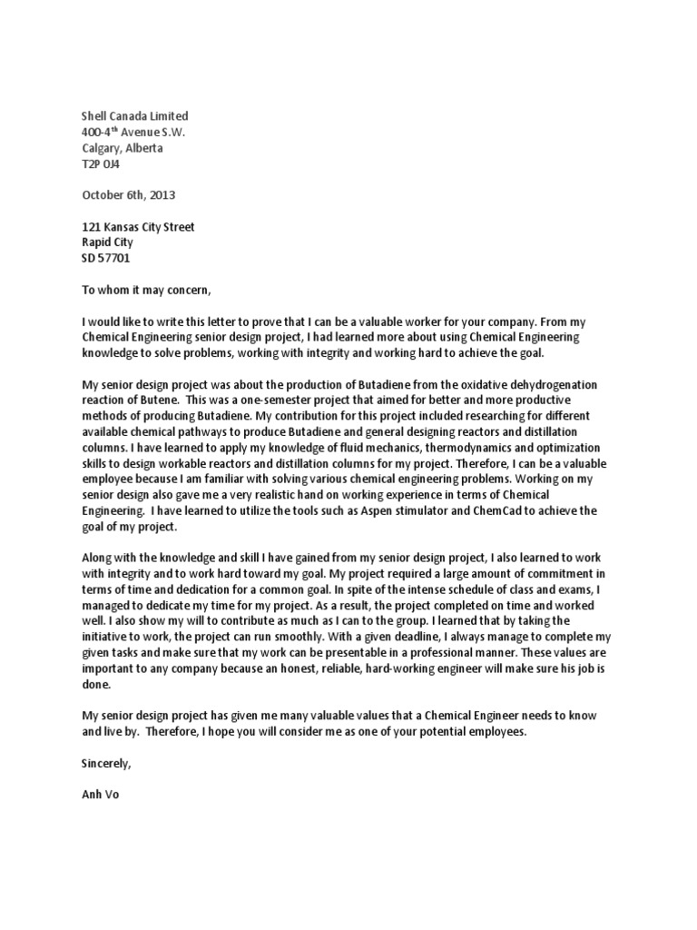 Chemical Engineer Cover Letter | PDF | Business