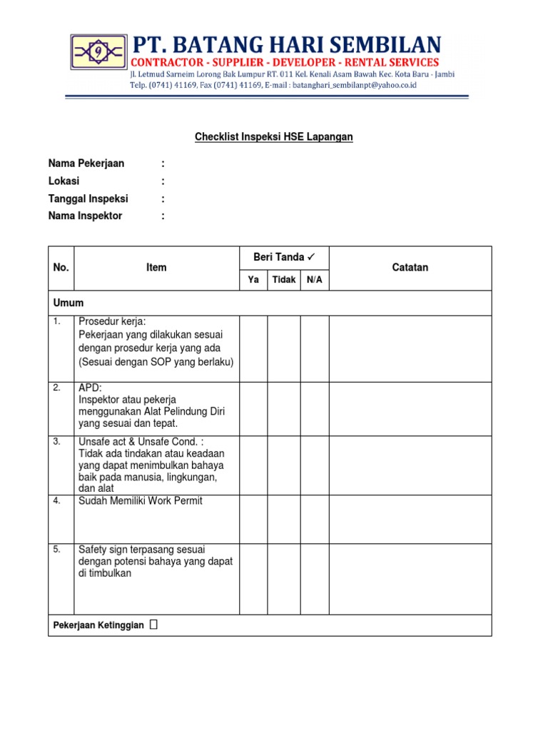Checklist Inspeksi HSE Lapangan | PDF