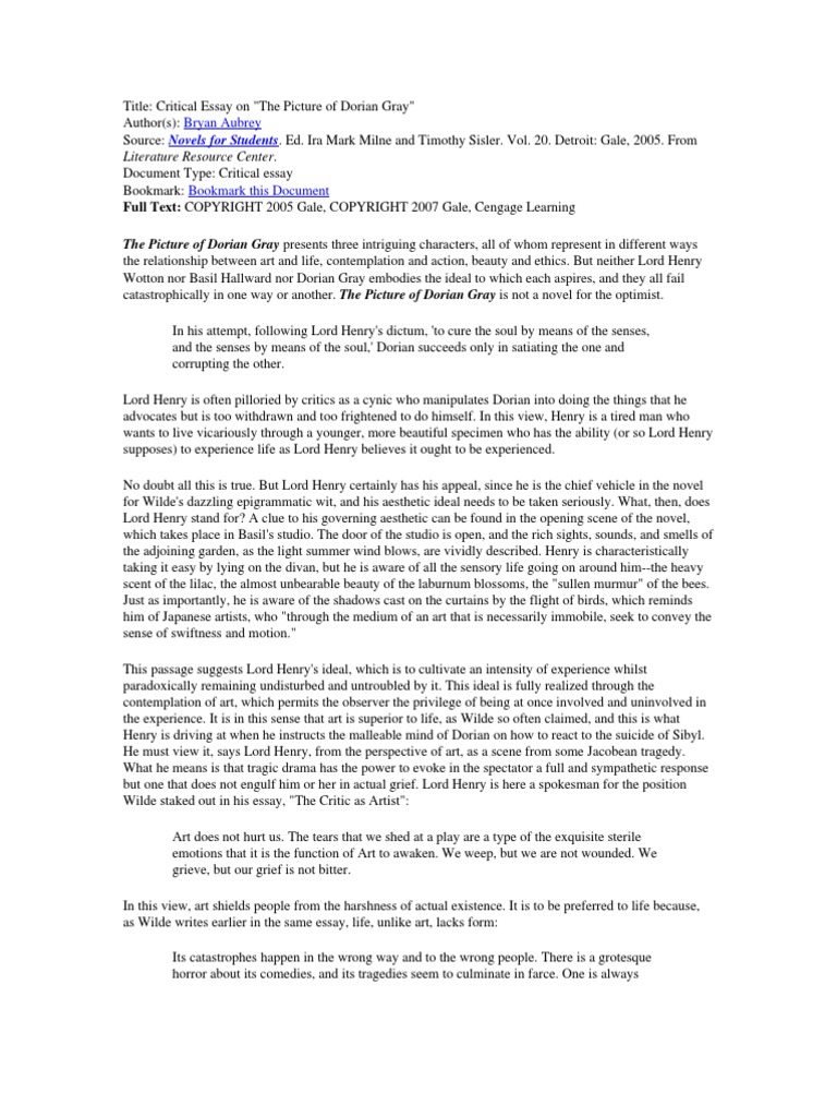 English V Aubrey Essay The Picture Of Dorian Gray Metaphysics Of Mind
