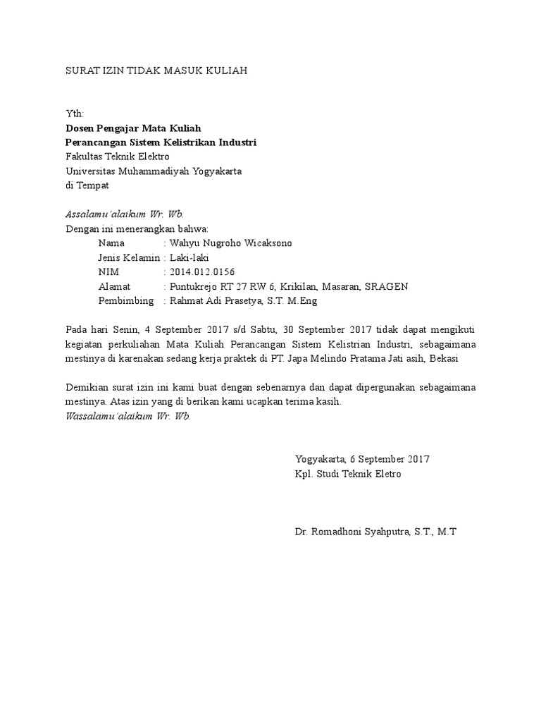Surat Izin Tidak Masuk Kuliah Pdf