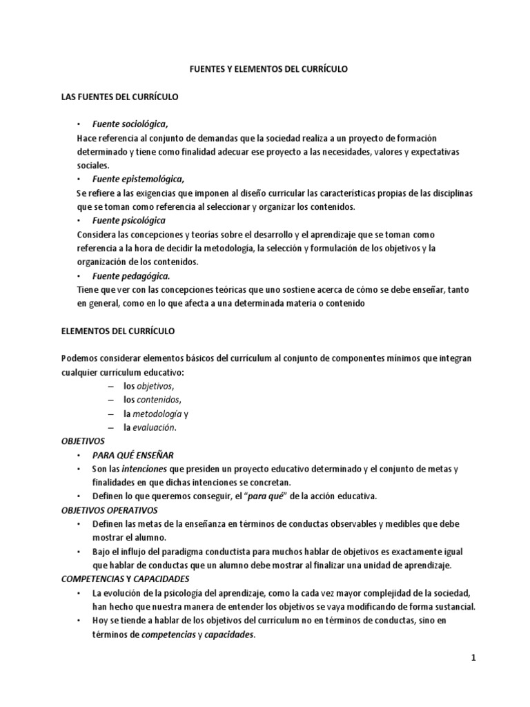Fuentes y Elementos Del Currículo | PDF | Plan de estudios | Aprendizaje