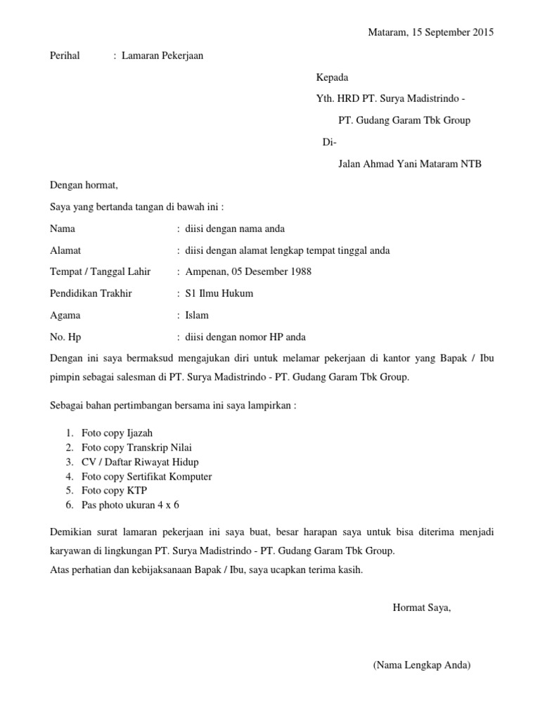 Contoh Surat Lamaran Pekerjaan Di Pt : Contoh Surat Lamaran Kerja Pt Denso : Onesolution, pada harian republika tangggal 14 desember 2018.