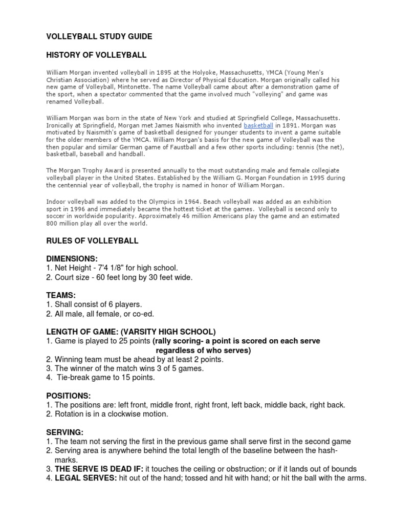 Volleyball Study Guide History of Volleyball Basketball PDF Sports