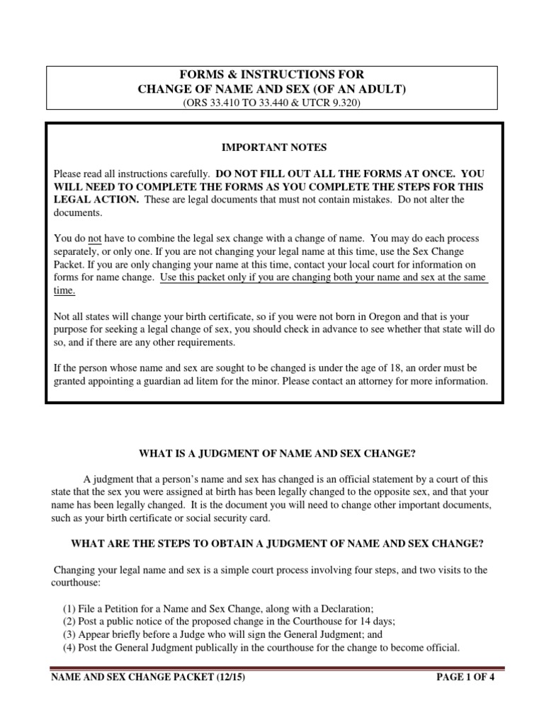 Name and Sex Change Packet (Adult) PDF Identity Document Birth Certificate
