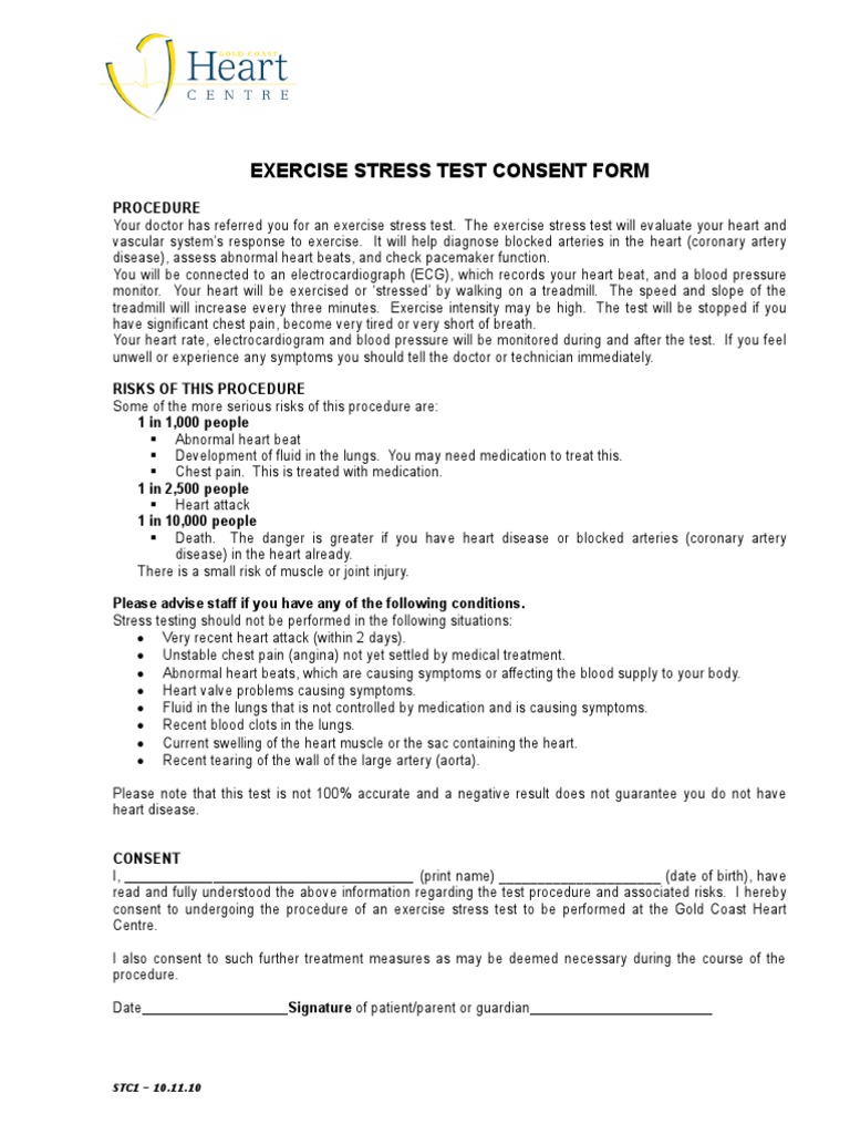 Exercise Stress Test Consent Form | Heart | Coronary ...