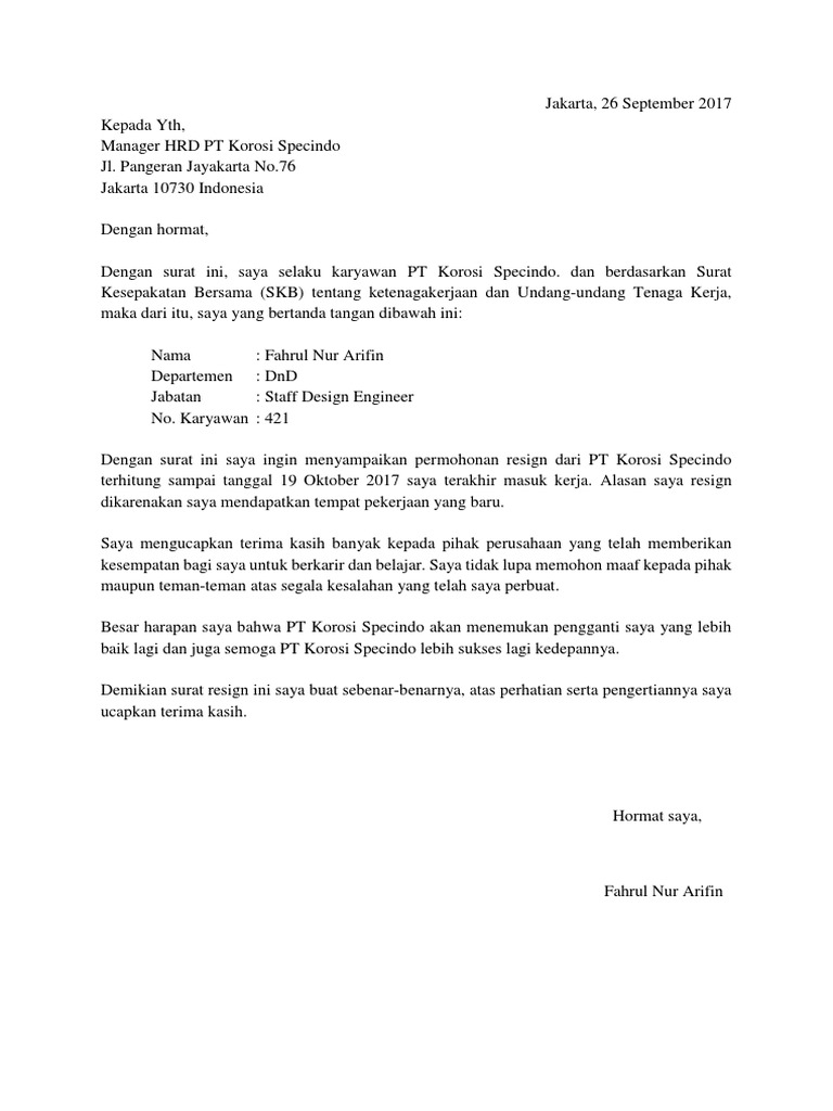 Surat Resign Karyawan PT Korosi Specindo | PDF