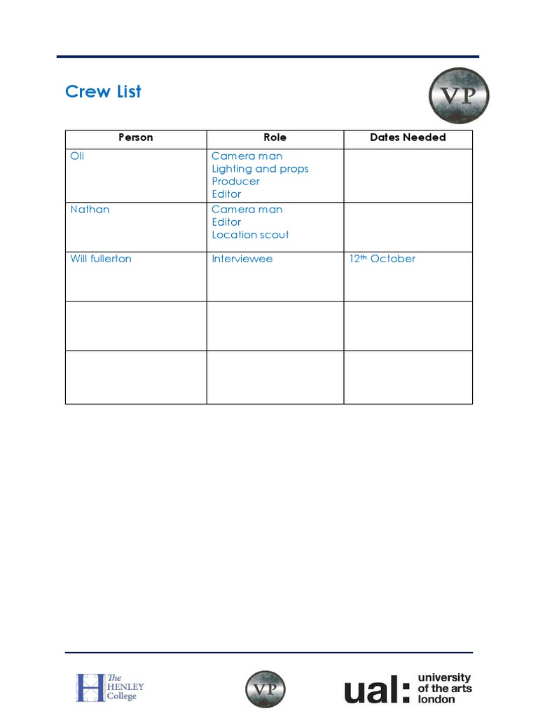 Crew List for Production Project | PDF | Business