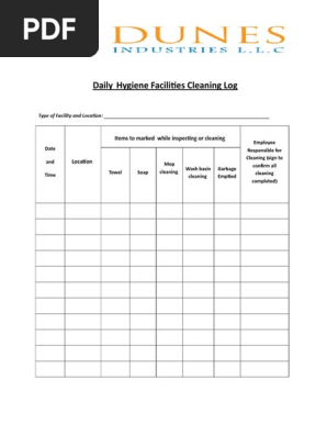 Daily Hygiene Facilities Cleaning Log