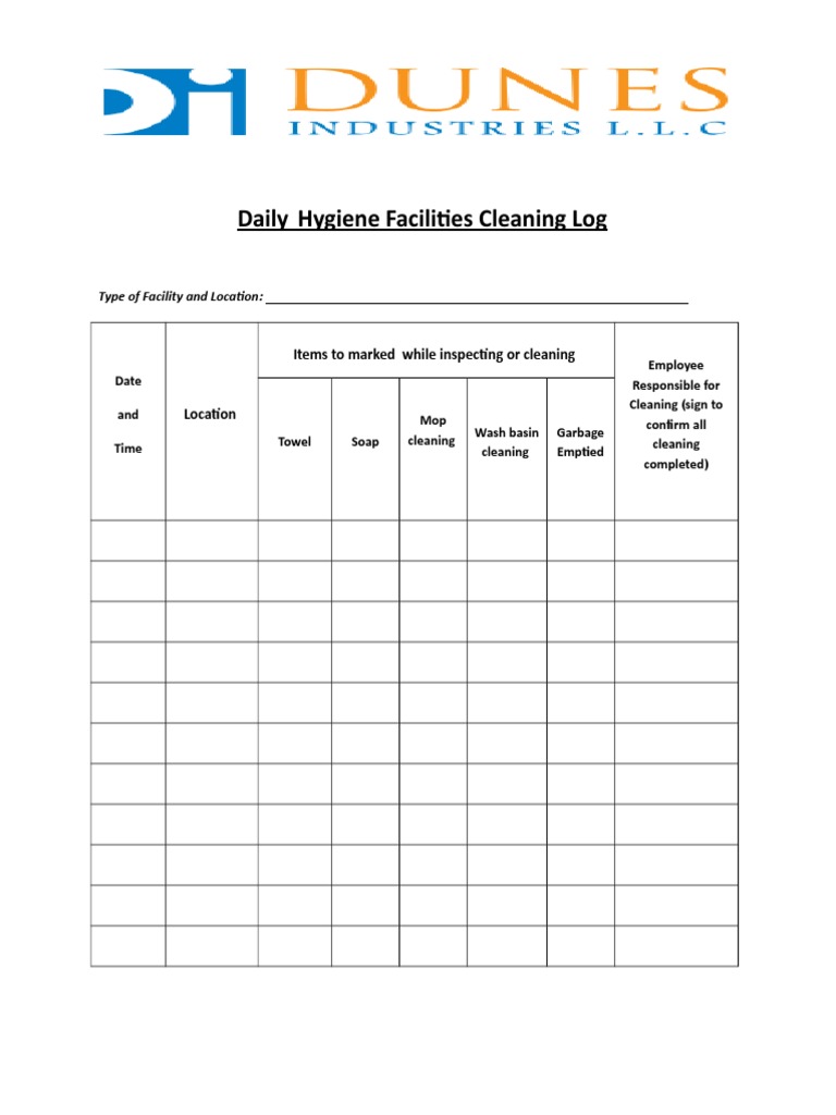 Daily Hygiene Facilities Cleaning Log | PDF