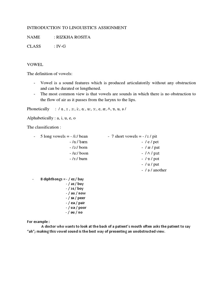 Introduction Of Linguistic Assignment Vowel Phonology